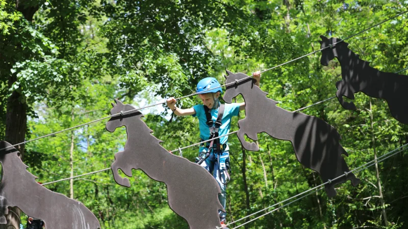 Young boy in climbing equipment on a climbing course with wooden horses