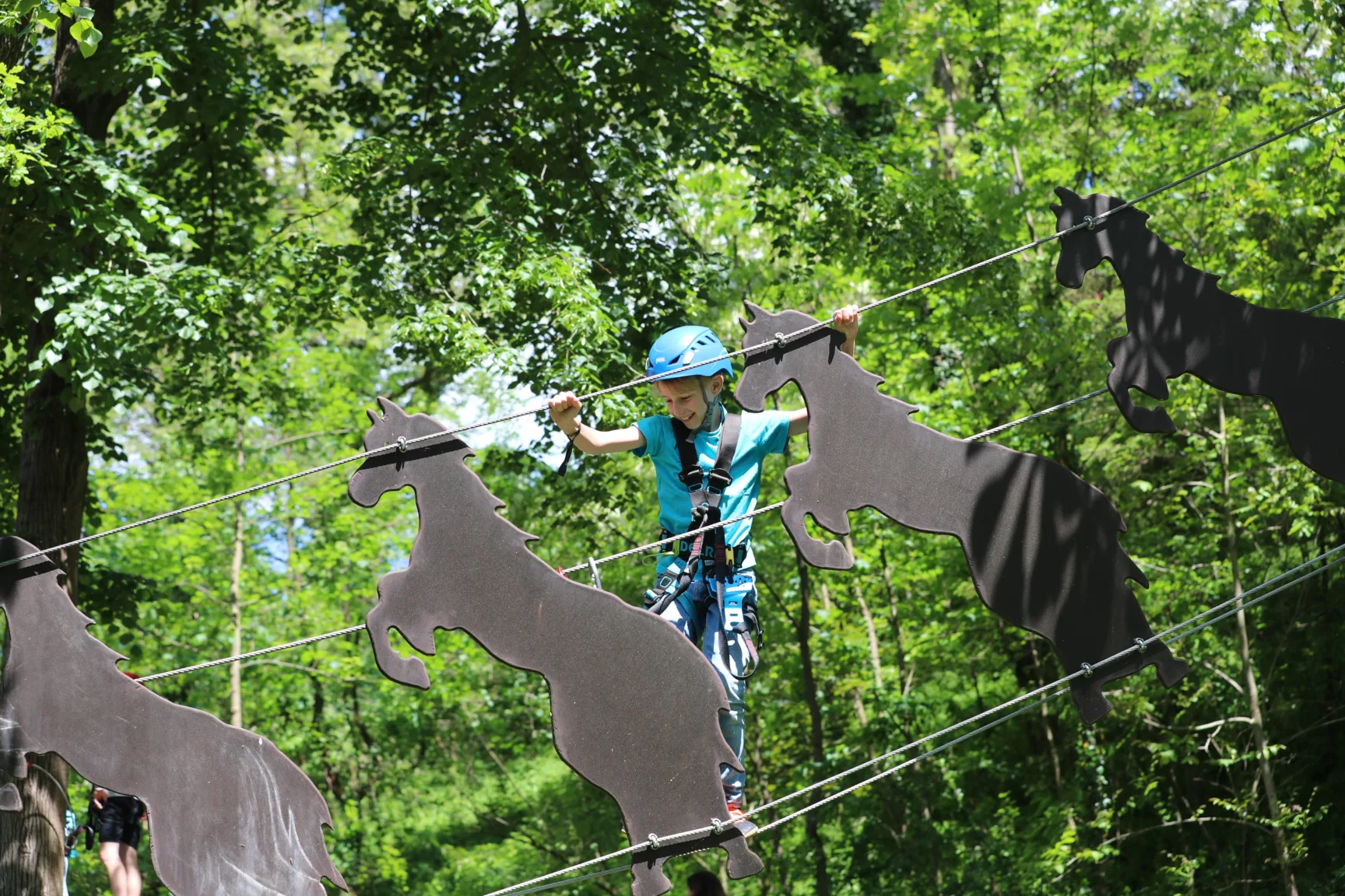 Young boy in climbing equipment on a climbing course with wooden horses